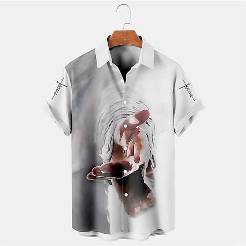 

Homme Chemise Imprimés Photos Jésus Col rabattu Gris Extérieur Plein Air Manches courtes Bouton bas Imprimer Vêtement Tenue Sportif Mode Vêtement de rue Design