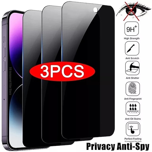 

3 pcs Téléphoner Protection Écran Pour Apple iPhone 14 Pro Max Plus 13 12 11 Mini X XR XS 8 7 Verre Trempé Vie Privée Anti-espion Dureté 9H Anti-Traces de Doigts Compatible 3D Touch Anti-Rayures
