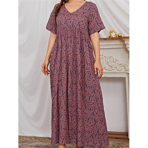 

kvinders plus size flatterende kjoler æbleformet kjole afslappet kjole blomsterkjole blomstret lang kjole maxikjole kortærmet print v-hals basic udendørs fuchsia forår sommer xl xxl 3xl