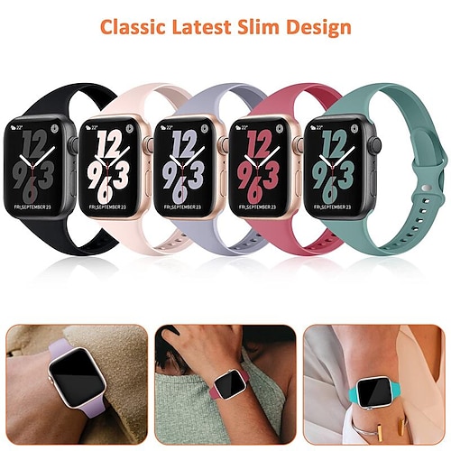 

5 pakke Sportsrem Kompatibel med Apple Watch-klokkereim 38mm 40mm 41mm 42mm 44mm 45mm 49mm Dame Elastisk Slank Tynn Myk silikon Erstatningsklokkerem til iwatch Series Ultra 8 7 6 5 4 3 2 1 SE