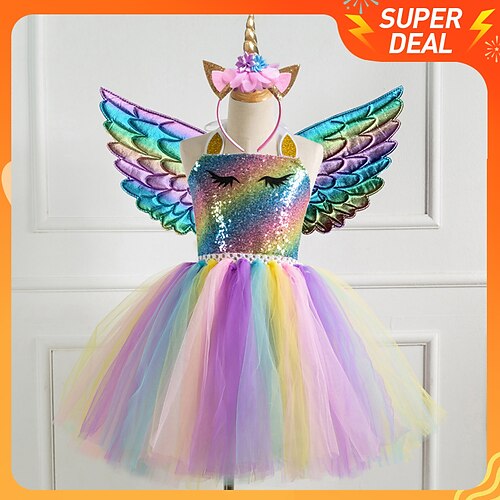 

Kids Little Girls' Dress 2-8 Years 3pcs Unicorn Princess Rainbow Colorful Party Tutu Birthday Dresses With Wing and Headband Sequins Halter Purple Gold Silver Cute Dresses