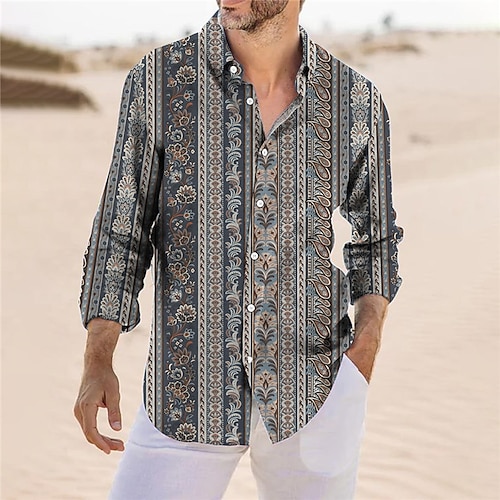 

Homens Camisa Social Floral Estampas Abstratas Geometria Aberto para a Lateral Azul Cáqui Cinzento Ao ar livre Rua Manga Longa Botão para baixo Imprimir Roupa Tropical Moda Boho Designer