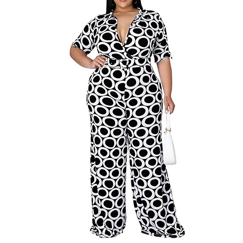 

Combinaison Femme Taille haute Imprimer Géométrique Col V Vêtement de rue Plein Air Vacances Standard Demi Manches Noir XL Printemps