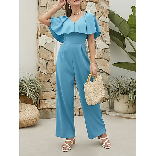 

Damen Jumpsuit Rüsche Feste Farbe V Ausschnitt Strassenmode Brautkleider schlicht Täglich Ausgehen Regular Fit Kurzarm Blau Purpur S M L XL Frühling