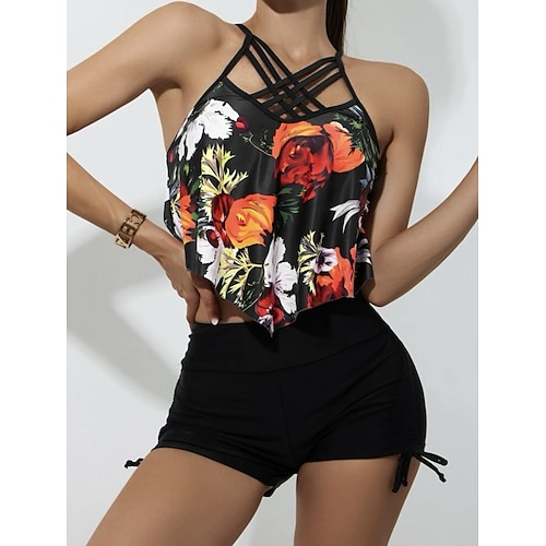 

Damen Badeanzug Tankini 2 Stück Normal Bademode 2 Teile Print Blumen Schwarz und Weiß Schwarz Marineblau Dunkelgrün Badeanzüge Sport Strandbekleidung Sommer