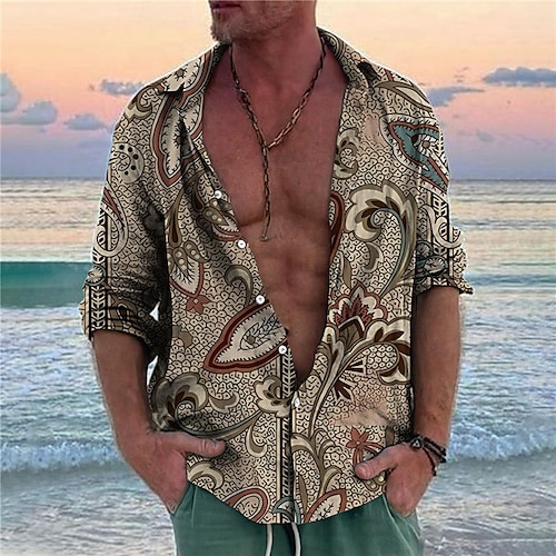 

Men's Shirt Floral Graphic Prints Vintage Turndown Yellow Blue Outdoor Street Long Sleeve Button-Down Print Clothing Apparel Tropical Fashion Boho Streetwear