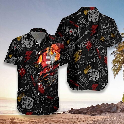 

Homme Chemise Chemise hawaïenne Lettre Imprimés Photos Guitare Col rabattu Noir du quotidien Vacances Manches courtes Bouton bas Imprimer Vêtement Tenue Tropique Mode Vêtement de rue Hawaïen