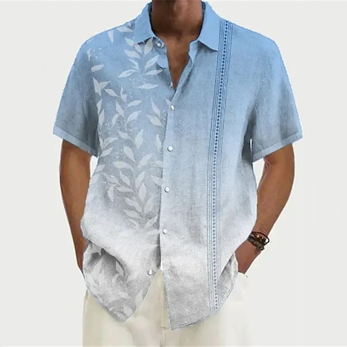 

Men's Shirt Summer Hawaiian Shirt Gradient Graphic Prints Leaves Turndown Red Royal Blue Blue Dusty Blue Green Street Casual Short Sleeves Button-Down Print Clothing Apparel Linen Tropical Sports