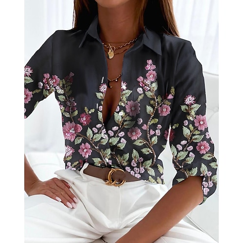 

Per donna Camicia Blusa Rosa Blu Viola Floreale Pulsante Stampa Manica lunga Informale Per eventi Essenziale Colletto Standard Floreale S