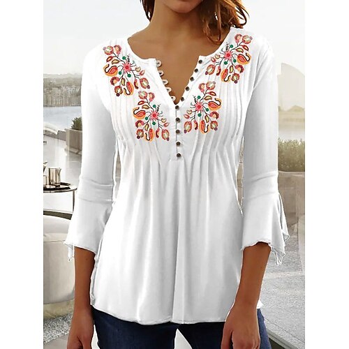 

Damen Hemd Bluse Weiß Rosa Purpur Blumen Taste Bedruckt 3/4 Ärmel Festtage Wochenende Basic Rundhalsausschnitt Standard Blume S