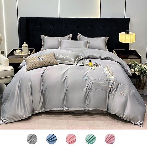 

Washed Silk Embroidery Duvet Cover Set Delicate Embroidery Bedding Duvet Covers Soft Washed Silk Duvet Cover Queen Size 4 Pieces Embroidery Superior Quality Duvet Cover with Zipper Closure