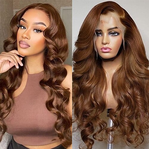 

chokoladebrun blonde front paryk menneskehår 150% tæthed rødbrun 13x4 body wave blonde front paryk menneskehår farvet hd gennemsigtige limfri parykker færdigplukket 20 tommer