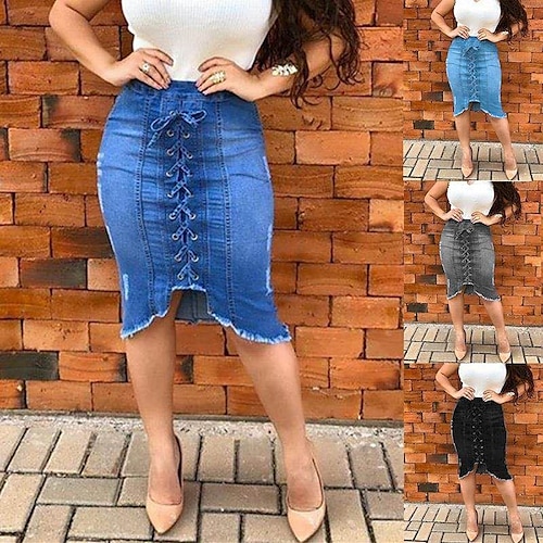 

Femme Jupe Crochet Midi Jean Noir Bleu Grise Jupes Cordon Ourlet Asymétrique Mode Casual Quotidien S M L