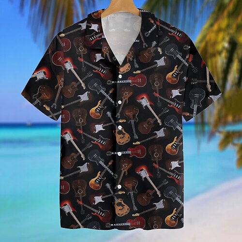 

Herren Hemd Hawaiihemd Sommerhemd Grafik-Drucke Gitarre Umlegekragen Schwarz Casual Festtage Kurzarm Button-Down Bedruckt Bekleidung Tropisch Modisch Hawaiianisch Weich