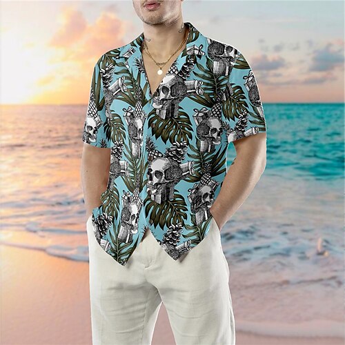 

Homens Camisa Social Camisa havaiana Caveiras Estampas Abstratas Folhas colar cubano Azul Casual Feriado Manga Curta Botão para baixo Imprimir Roupa Tropical Moda Roupa de rua Havaiana