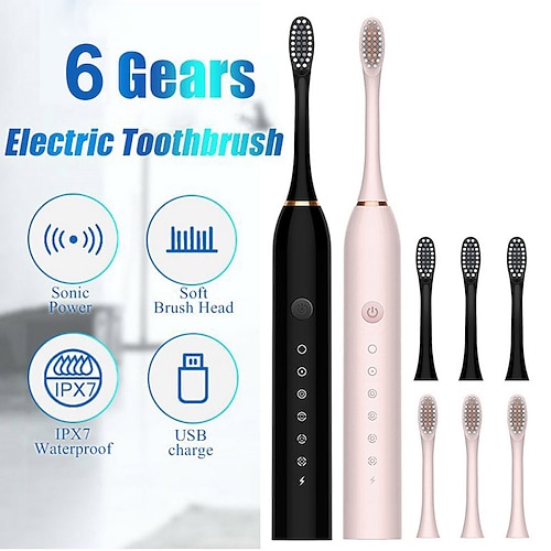 

Sonic Electric Toothbrush for Adult Kids Timer Brush 6 Mode USB Charger Rechargeable Tooth Brushes Replacement Head