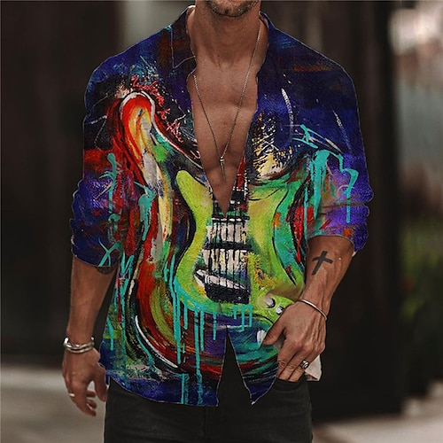 

Men's Shirt Graphic Prints Guitar Turndown Navy Blue Outdoor Street Long Sleeve Button-Down Print Clothing Apparel Sports Fashion Streetwear Designer