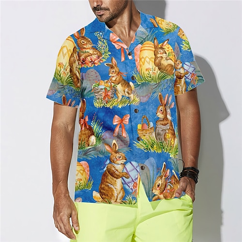 

Homens Camisa Social Camisa havaiana Coelho Estampas Abstratas Páscoa Aberto para a Lateral Azul Casual Feriado Manga Curta Botão para baixo Imprimir Roupa Tropical Moda Havaiana Macia