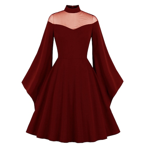 

Dame Elegant Klassisk Swing Kjole Midikjole Fest Fødselsdag Net Patchwork Vanlig Høj krave Langærmet Regulær Vinter Efterår 2023 Sort Vin S M L XL