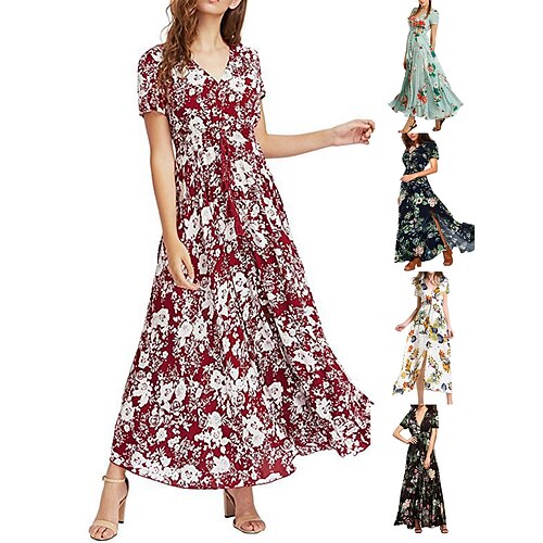 

Dame Lang kjole Maxikjole Uformell kjole Swingkjole Print kjole Blomstret Grunnleggende Mote utendørs Daglig Helg Blondér Delt Kortermet V-hals Kjole Normal Svart Vin Grønn Vår Sommer S M L XL XXL