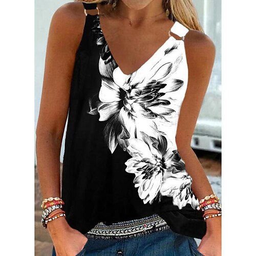 

Women's Tank Top White Floral Color Block Print Sleeveless Casual Holiday Basic V Neck Regular Floral S