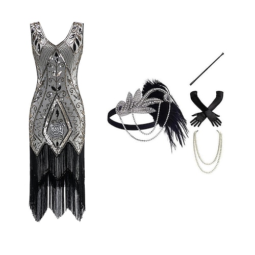 

Gatsby le magnifique Rétro Vintage Les rugissantes années 20 1920s Robe à clapet Robe de cocktail Femme Paillettes Franges Costume Vintage Cosplay Soirée Robe