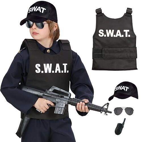 

S.W.A.T. Police Cosplay Costume Outfits 4 Pieces Boys Movie Cosplay Cosplay Halloween Black Vest Glasses Hat Halloween Carnival Masquerade Polyester World Book Day Costumes