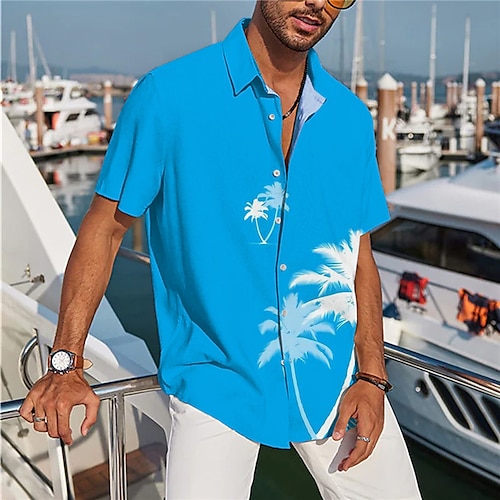 

Men's Shirt Summer Hawaiian Shirt Coconut Tree Graphic Prints Turndown Black Yellow Pink Blue Sky Blue Street Casual Short Sleeves Button-Down Print Clothing Apparel Tropical Sports Streetwear
