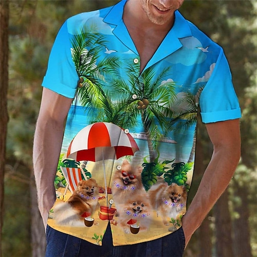 

Men's Shirt Summer Hawaiian Shirt Dog Graphic Prints Beach Turndown Blue Casual Holiday Short Sleeve Button-Down Print Clothing Apparel Tropical Fashion Hawaiian Soft