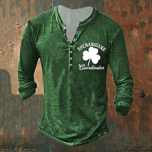 

St.Patrick's Day Men's Henley Shirt Tee Graphic St. Patrick's Day Clover Henley Clothing Apparel 3D Print Outdoor Casual Long Sleeve Button-Down Print Fashion Designer