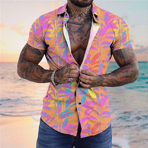 

Men's Shirt Summer Hawaiian Shirt Graphic Prints Leaves Turndown Yellow Pink Blue Purple Gray Daily Holiday Short Sleeves Button-Down Print Clothing Apparel Tropical Fashion Streetwear Hawaiian