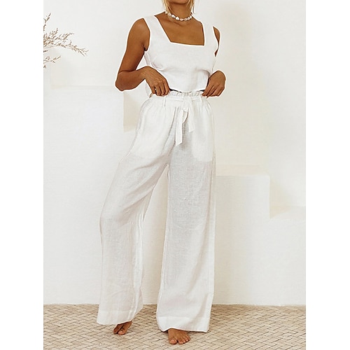 

Dame Loungewear Sæt Ren farve Basale Enkel Afslappet Hjem Gade Daglig Bomuld Åndbart Firkantet hals Uden ærmer Tanktop Bukse Forår Sommer Hvid Lilla