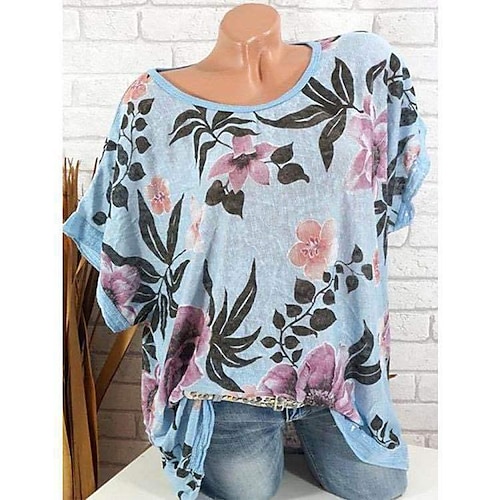 

Damen T Shirt Weiß Gelb Blau Blumen Bedruckt Kurzarm Festtage Wochenende Basic Rundhalsausschnitt Standard Blume Farbe S