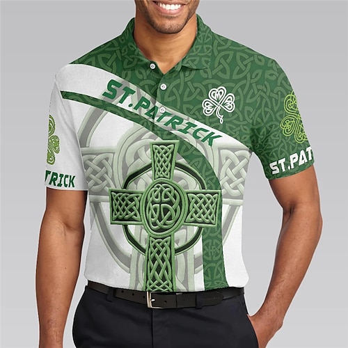 

St.Patrick's Day Men's Polo Shirt Golf Shirt Saint Patrick Day Cross St. Patrick's Day Clover Turndown Green Outdoor Street Short Sleeves Button-Down Print Clothing Apparel Fashion Designer Casual