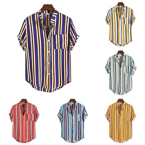 

Men's Shirt Button Up Shirt Casual Shirt Summer Shirt Yellow Blue Red White Dark Blue Short Sleeve Striped Band Collar Street Daily Front Pocket Clothing Apparel 100% Cotton Stylish Classic Casual