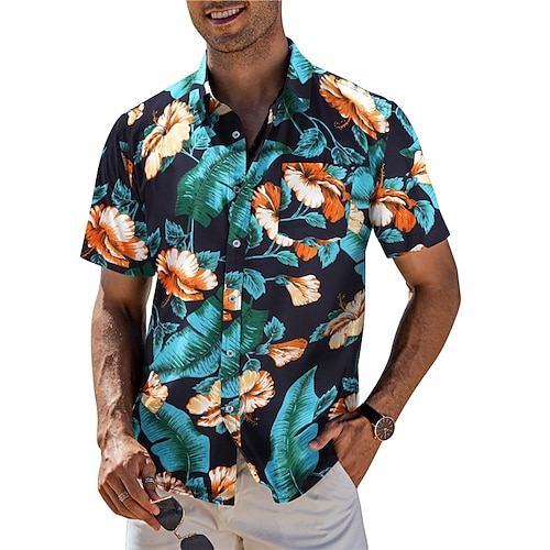 

Herren Hemd Hawaiihemd Sommerhemd Blumen Grafik-Drucke Umlegekragen Schwarz Marineblau Blau Dunkelblau Outdoor Strasse Kurze Ärmel Button-Down Bedruckt Bekleidung Tropisch Modisch Hawaiianisch