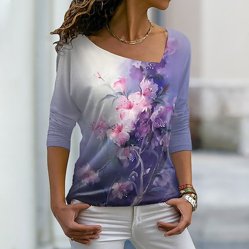 

Mulheres Camiseta Roxo Floral Imprimir Manga Longa Feriado Final de semana Básico Decote V Padrão Tema Flores Pintura S