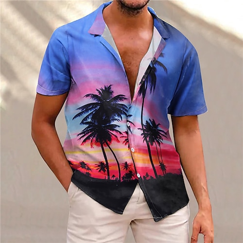 

Homme Chemise Chemise hawaïenne Cocotier Imprimés Photos Coucher du soleil Col rabattu Jaune Bleu Violet Casual Vacances Manche Courte Bouton bas Imprimer Vêtement Tenue Tropique Mode Hawaïen Flexible