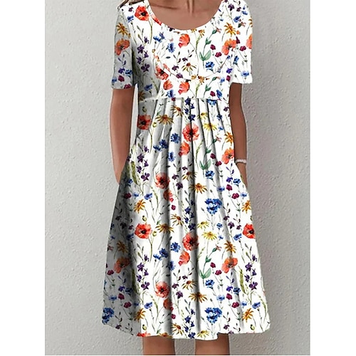 

Women's Casual Dress Floral Dress Midi Dress White Short Sleeve Floral Ruched Spring Summer Crew Neck Basic Daily Vacation Weekend 2023 S M L XL XXL 3XL