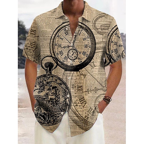 

Herren Hemd Hawaiihemd Sommerhemd Grafik-Drucke Vintage Uhr Umlegekragen Khaki Outdoor Strasse Kurze Ärmel Button-Down Bedruckt Bekleidung Leinen Sport Modisch Strassenmode Designer