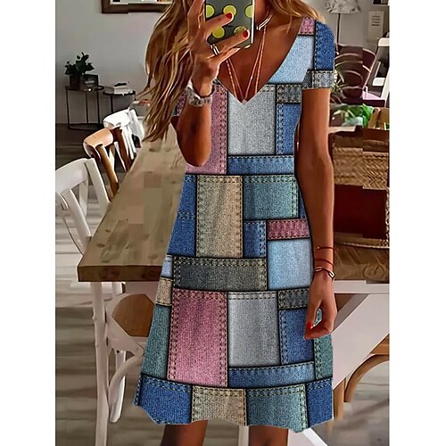 

Per donna Vestito casual Abito estivo Abito stampato Fantasia geometrica Color Block Stampa A V Mini abito Attivo Di tendenza Esterno Giornaliero Manica corta Standard Rosa Blu Verde Primavera Estate