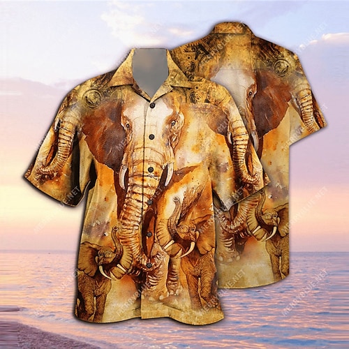 

Men's Shirt Summer Hawaiian Shirt Animal Elephant Graphic Prints Turndown Yellow Street Casual Short Sleeves Button-Down Print Clothing Apparel Tropical Fashion Hawaiian Designer