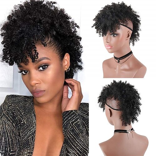 

rabo de cavalo afro moicano alto puff curto extensão de rabo de cavalo encaracolado moicano coque de cabelo sintético crespo com franja presilha updo em extensões de cabelo com seis presilhas e dois