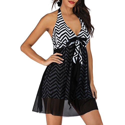 

Damen Badeanzug Schwimm-Kleid Normal Bademode 2 Teile Print Linien / Wellen Schwarz Badeanzüge Sport Sommer