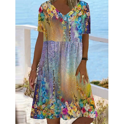 

Dame Uformell kjole Sommerkjole Print kjole Grafisk Blomstret Trykt mønster V-hals Mini kjole Mote Klassisk Daglig Ferie Kortermet Løstsittende Lilla Sommer Vår S M L XL XXL