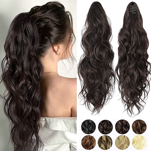 

Wavy Claw Clip In Ponytail Hair Extensions Synthetic Fluffy Hairpiece for Women Daily Use 20 Inch Dark Brown