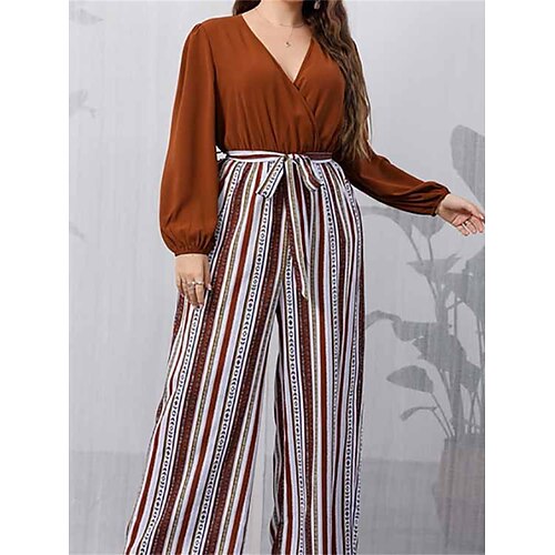 

Combinaison Femme Patchwork Rayé Col V Vêtement de rue Plein Air Vacances Standard manche longue Marron L Automne