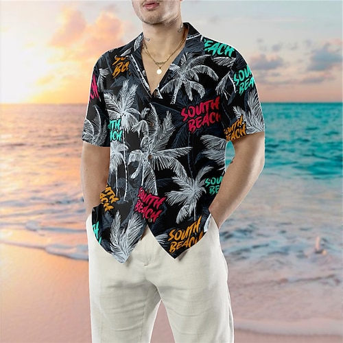 

Homens Camisa Social Camisa havaiana Coqueiro Estampas Abstratas colar cubano Preto Casual Feriado Manga Curta Botão para baixo Imprimir Roupa Tropical Moda Roupa de rua Havaiana