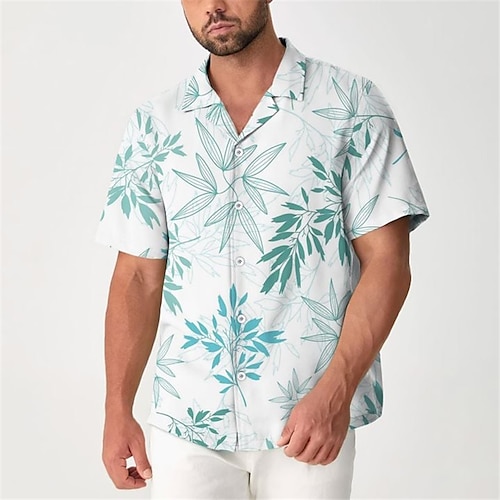 

Homens Camisa Social Camisa havaiana Estampas Abstratas Folhas colar cubano Azul Casual Feriado Manga Curta Botão para baixo Imprimir Roupa Tropical Moda Roupa de rua Havaiana