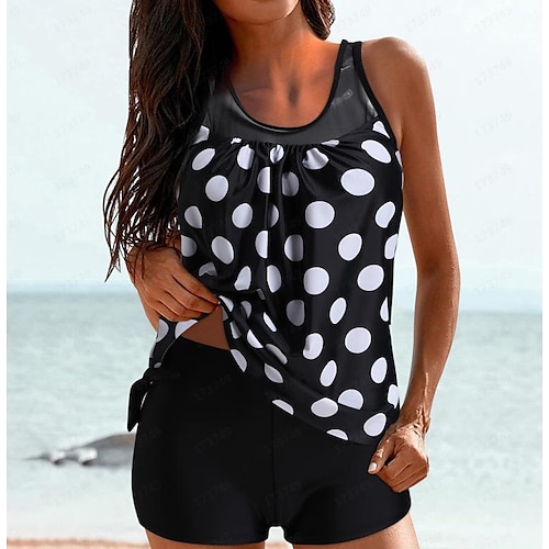 

Damen Badeanzug Tankini 2 Stück Normal Bademode 2 Teile Print Punkt Batik Schwarz Rote Blau Tank Top Badeanzüge Sport Strandbekleidung Sommer